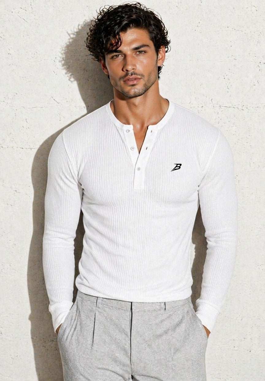 Men's Solid Color Textured Half Placket T-Shirt, Basic White, Long Sleeve Men Shirt, Fall