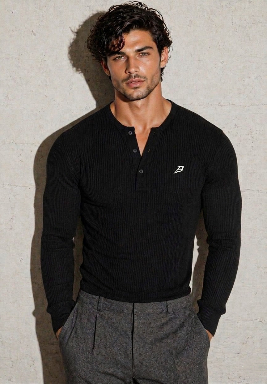 Bartus Men's Solid Color Textured Half Placket T-Shirt, Basic Black,Long Sleeve Men Shirt, Fall