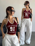 Bartus Women's Streetwear Marron Casual Fashion Colorblock Los Angeles Graphic 91 Number Spaghetti Strap Tank Top