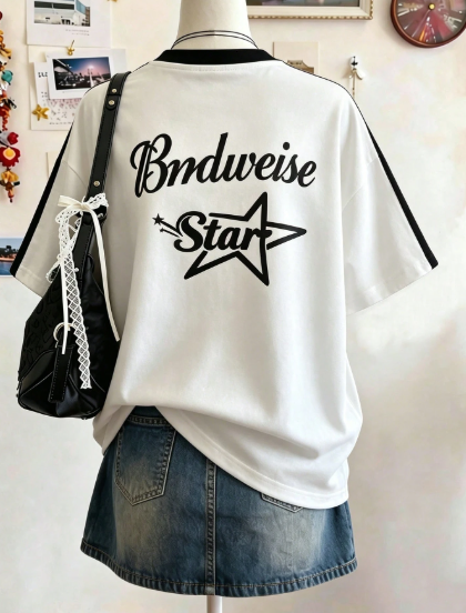 Bartus Letter & Number Print V-Neck T-Shirt,-White
