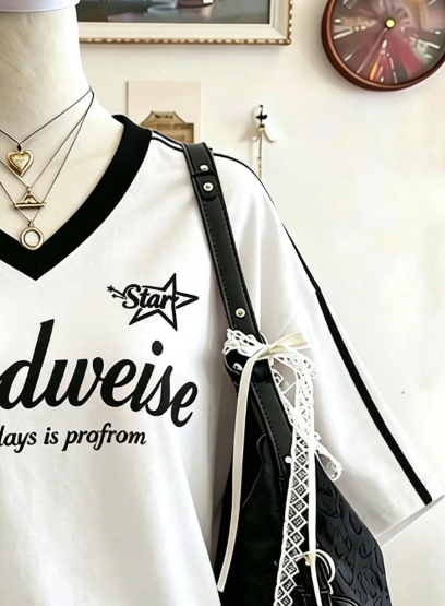 Bartus Letter & Number Print V-Neck T-Shirt,-White