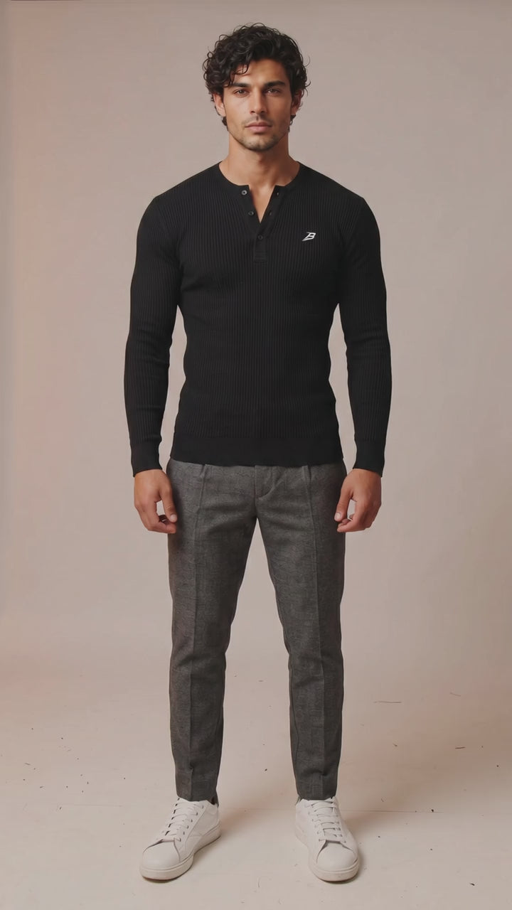 Bartus Men's Solid Color Textured Half Placket T-Shirt, Basic Black,Long Sleeve Men Shirt, Fall