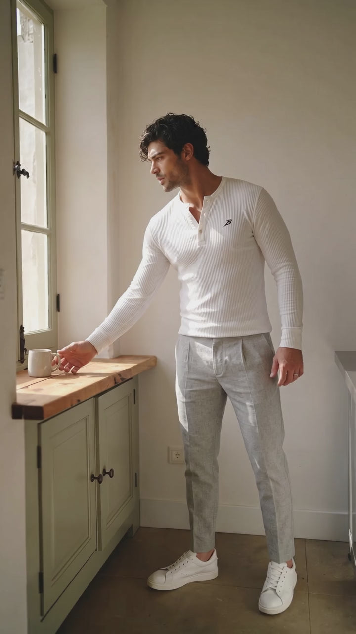 Men's Solid Color Textured Half Placket T-Shirt, Basic White, Long Sleeve Men Shirt, Fall